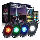 Xprite RGBW LED Rock Lights Kit with Bluetooth & Wireless Remote Controller, Multicolor Cars Underglow, Wheel, Footwell Neon Light Kits, for Off-Road UTV ATV Trucks SUV Motorcycle Boats - 4 Pods