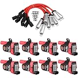 CarBole Round D585 Ignition Coil Pack and 748UU 8mm Spark Plug Wires Fit For Chevy Silverado LS1 LS3 4.8 5.3L Chevrolet GMC CADILLAC 4.8L 5.3 5.7 6.0, Red Pack of 8pcs (Round Coils)